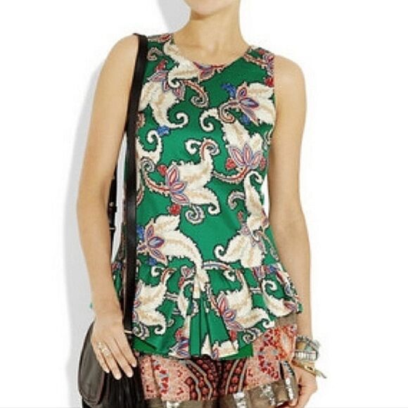 NWOT Thakoon Tiger Lily Mikado Cotton Silk Peplum Sleeveless Top Green Paisley 4 - Picture 1 of 12